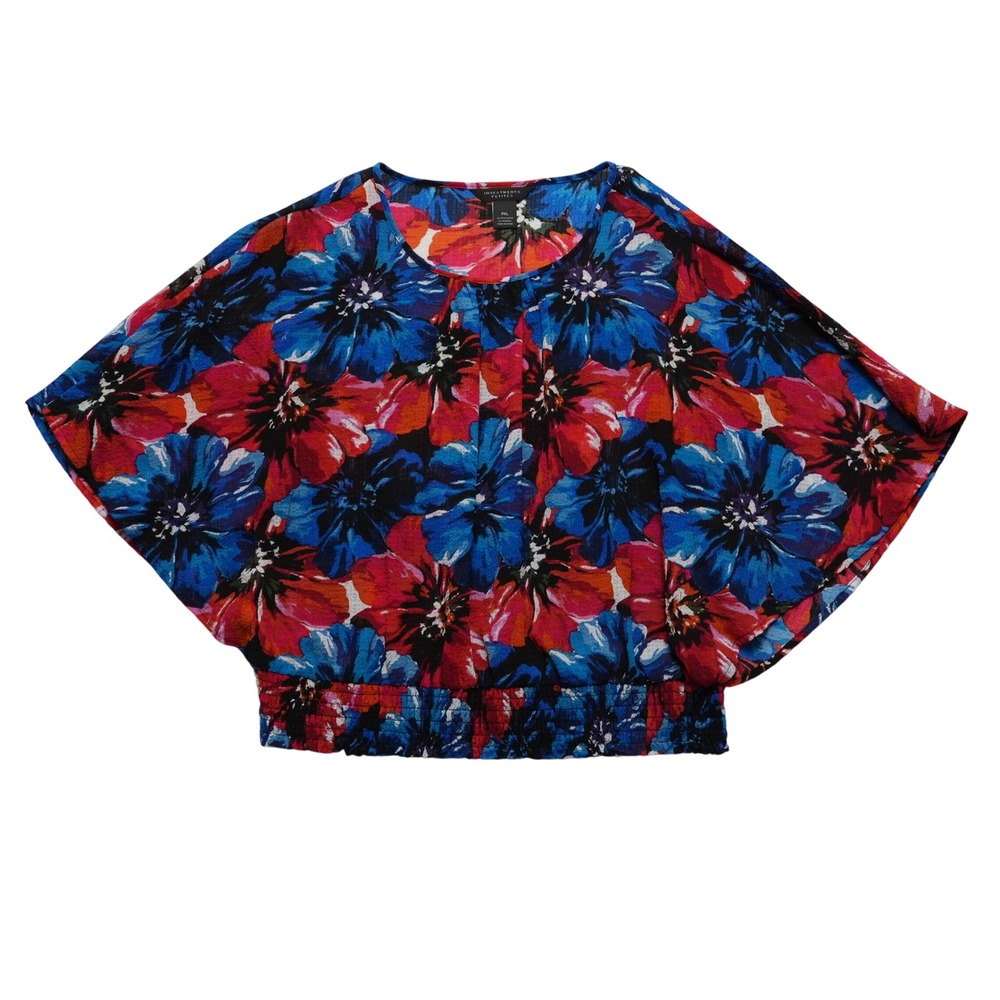 Investments Petites Womens PXL Floral Blouse Blue Red Smocked Top‎